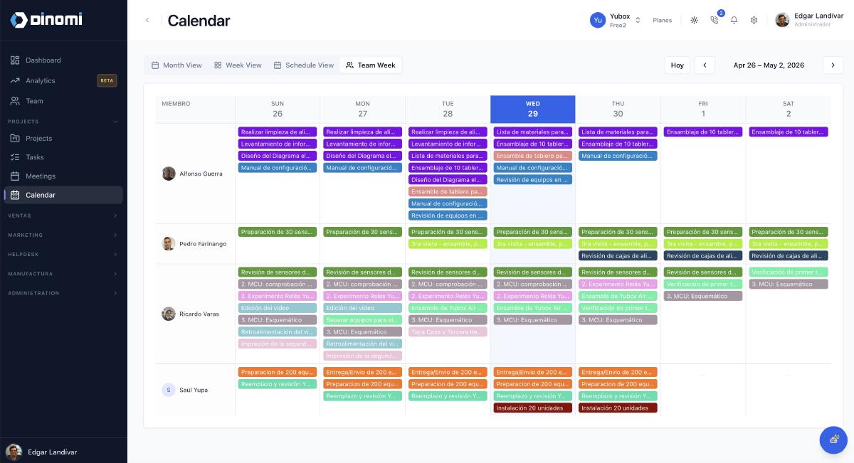 Calendario tipo Team Week con asignación de tareas por miembro