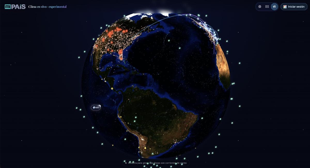 Globo 3D con capa GDELT, marcadores USGS y arcos entre países con cobertura compartida